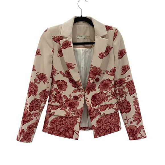 Alice + Olivia Mya Notch Collar Fitted Blazer Off White Multi Red Floral Size 2 - Picture 6 of 16